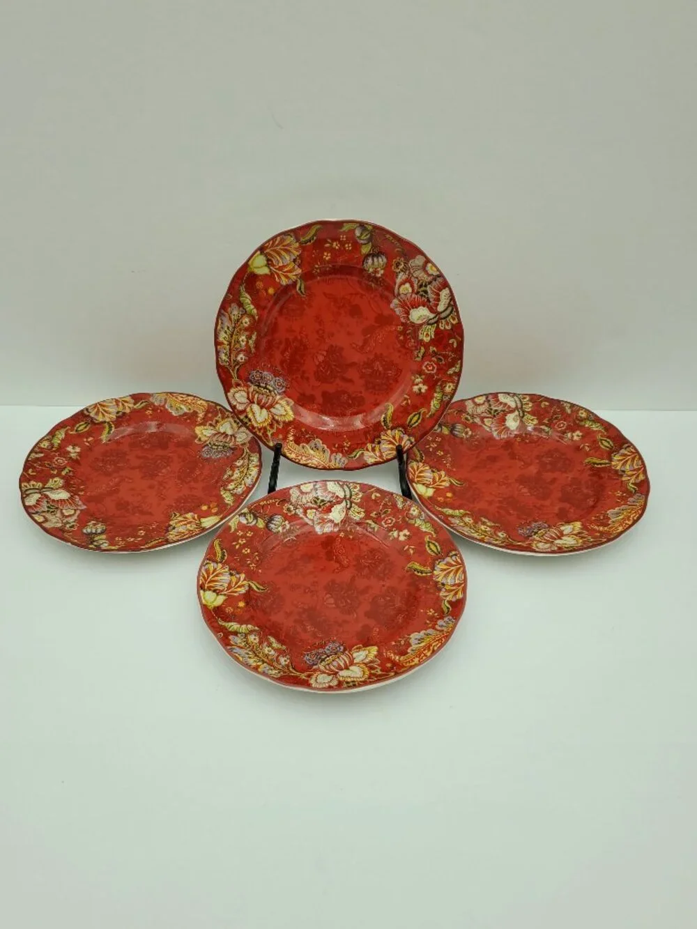 222 Fifth Gabrielle Red Appetizer Plates Dark Red Paisley Floral Dessert Plates